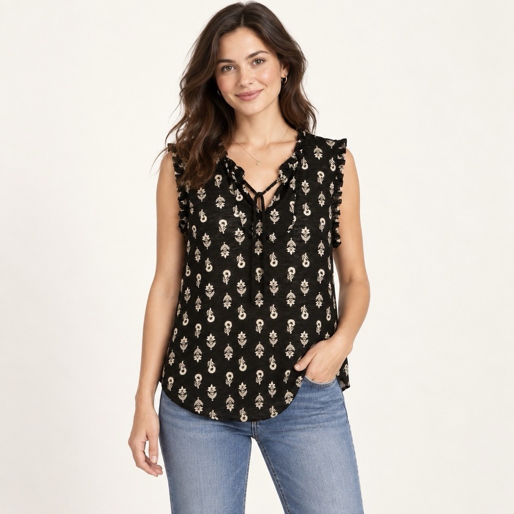Lucky Brand Women's L Blouse Sleeveless Black Floral Tie Front Ruffle Trim New